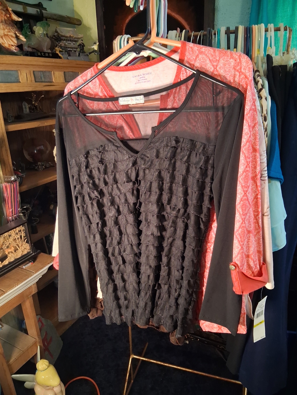 Vintage Suzie Black Ruffle Mesh Yoke Long Sleeve Blouse